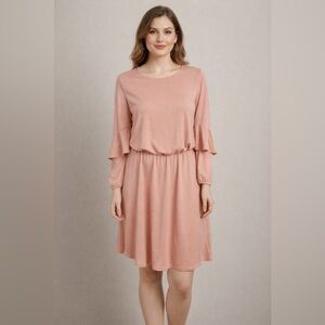 Halston Flounce Ruffle Long Sleeve Knee Length Elastic Stretch Pink Dress Medium